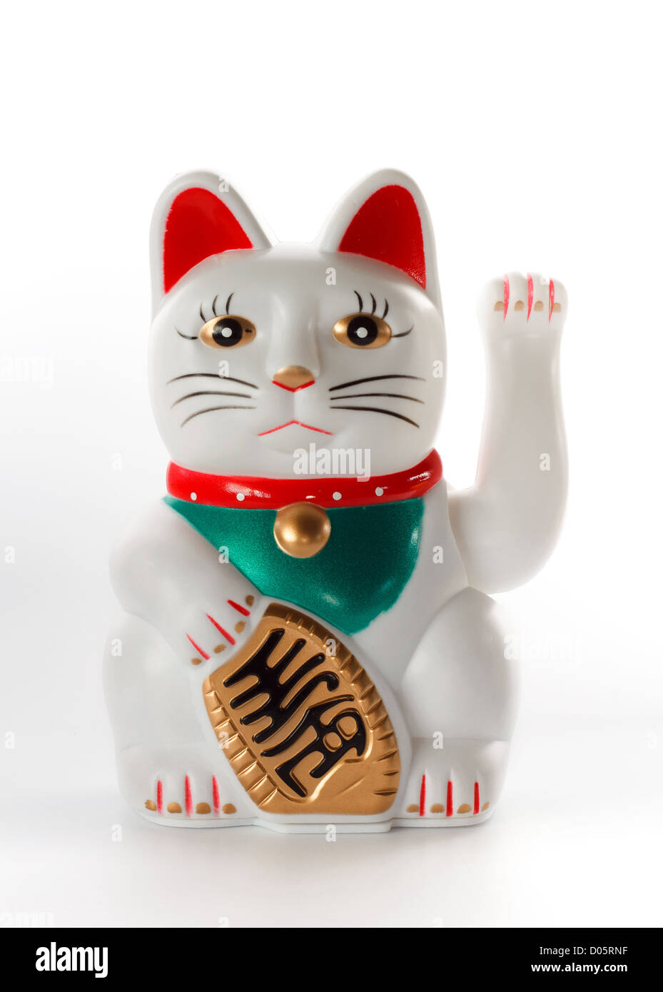 Weiße glückliche Katze Maneki-Neko, auf weißem Hintergrund Stockfoto
