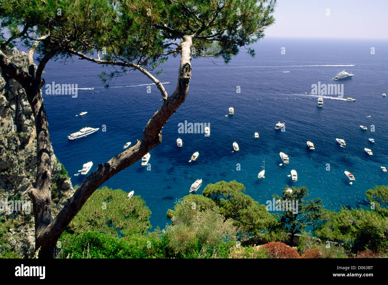 High Angle View of Boote auf dem Meer von einem Hügel, Capri, Kampanien, Italien Stockfoto