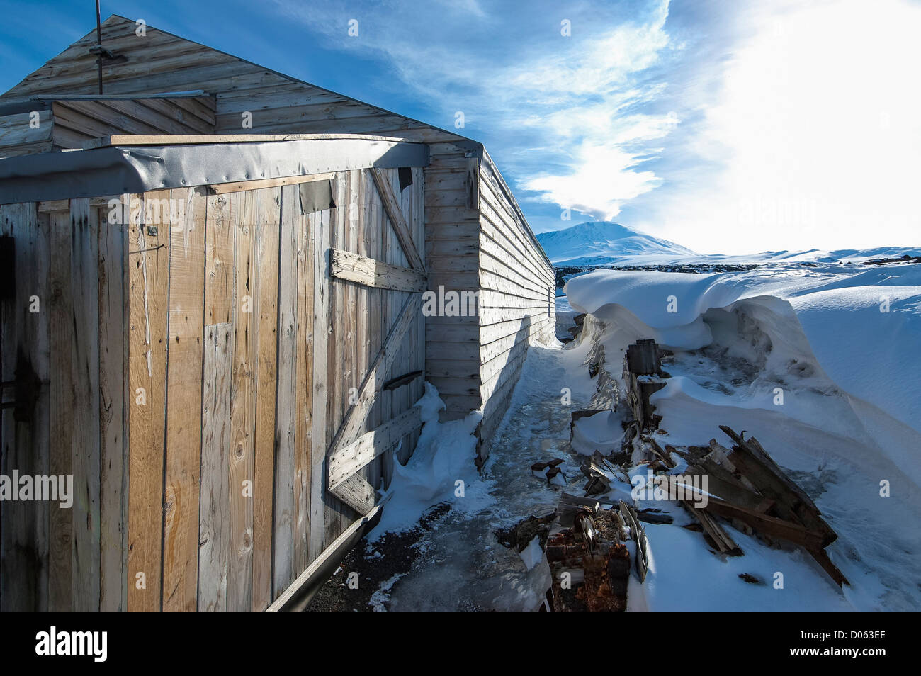 Außen Scotts Terra Nova Hütte, Cape Evans, Ross-Meer, Antarktis. Stockfoto
