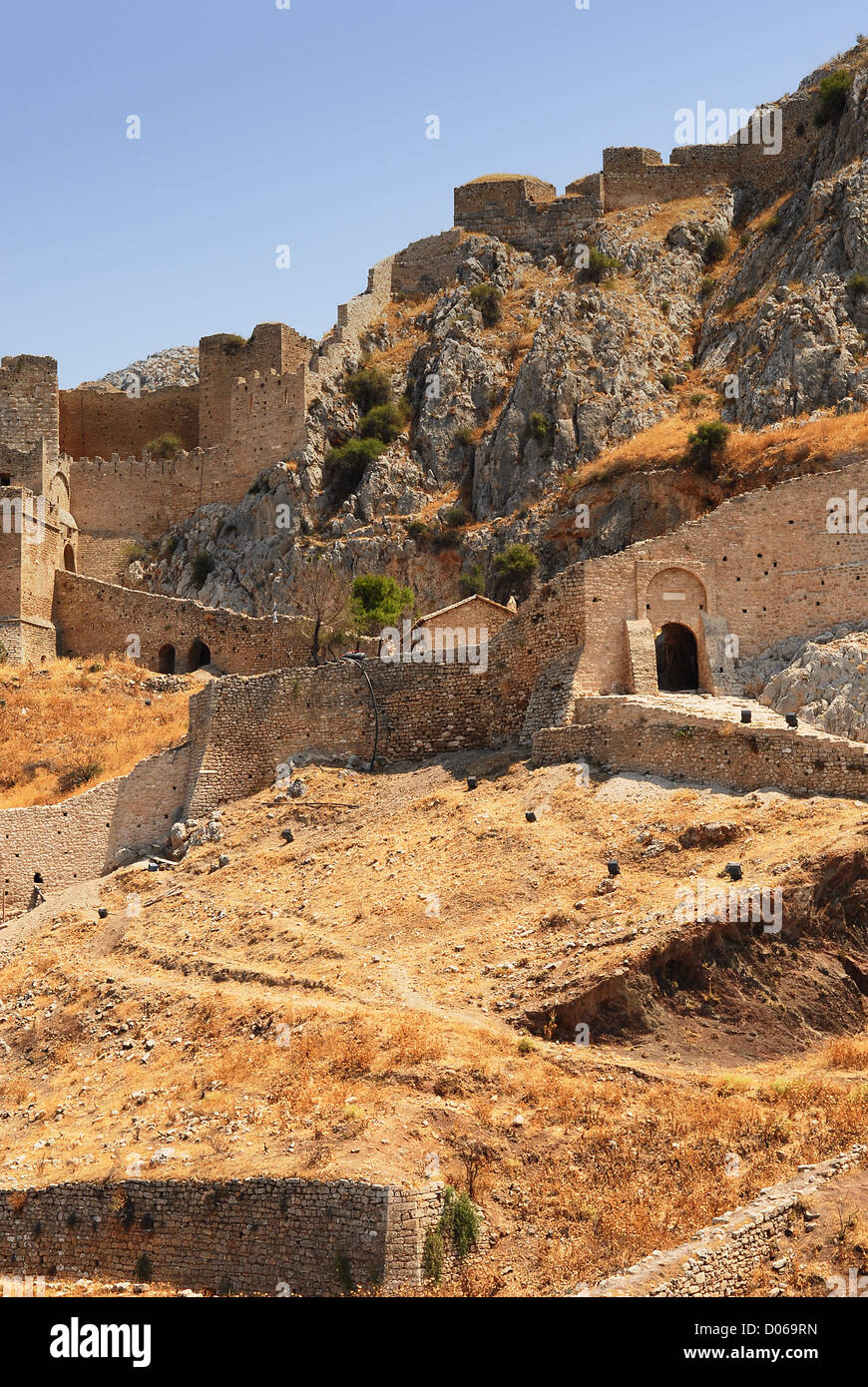 Alte Festung in Korinth, Griechenland - Archäologie-Hintergrund Stockfoto