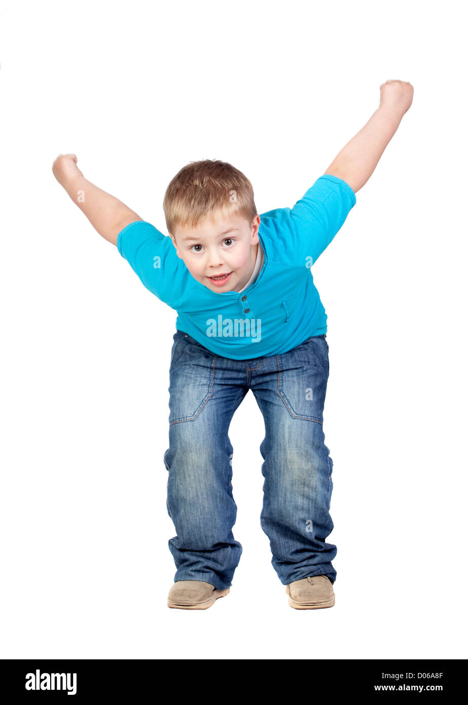 Entzückenden Kind springen isolierten auf weißen Hintergrund Stockfoto