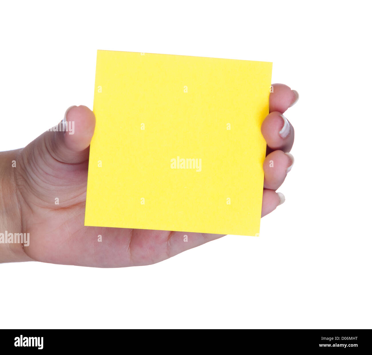 Weibliche Hand mit einem gelben Post-It isoliert auf weißem Hintergrund Stockfoto