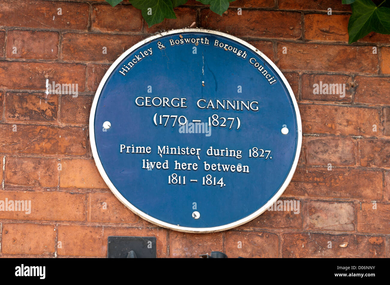 George Canning blaue Plakette, Burbage, Leicestershire, UK Stockfoto