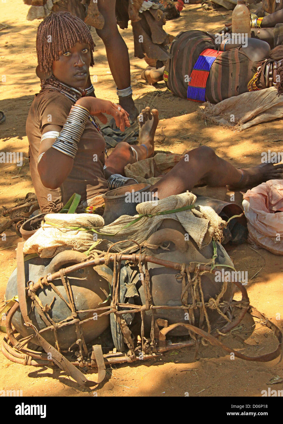 Afrika, Äthiopien, Omo River Valley Hamer Stamm Handwerk Kalebasse Kürbisse auf dem display Stockfoto