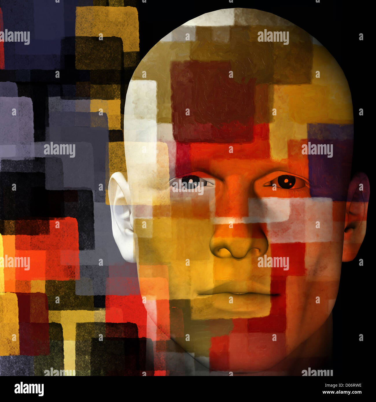 Mann mit bunten Quadraten Muster. 3D Illustration. Stockfoto