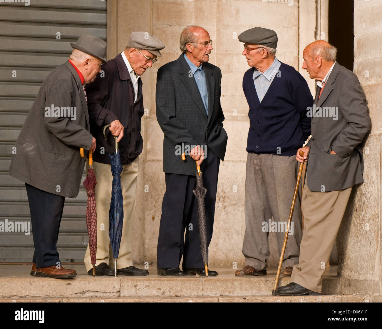 Fünf ältere Männer im Chat zusammen und haben einen Klatsch in Piazza Delle Republica Urbino Italien vier haben Schirme Stockfoto