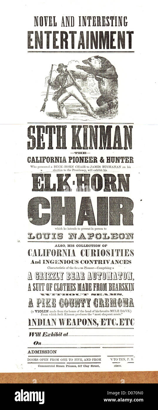 Werbung für 9. November 1861 Ausstellung, wahrscheinlich in einer Zeitung von San Francisco, von Seth Kinman (Anzeige und Ausstellung) Stockfoto
