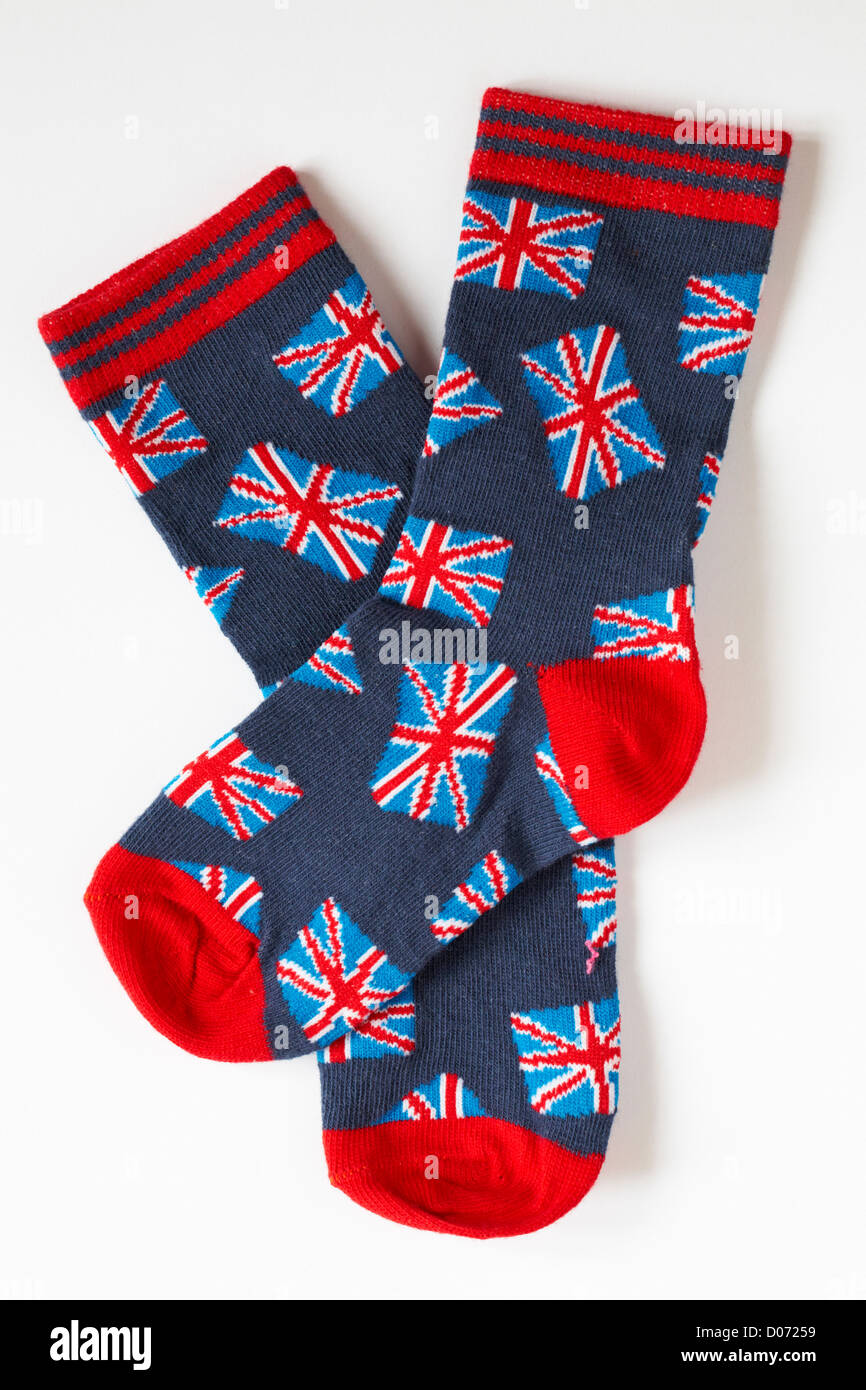 Neuheit-Paar Socken mit Union Jacks auf isoliert auf weißem Hintergrund Stockfoto
