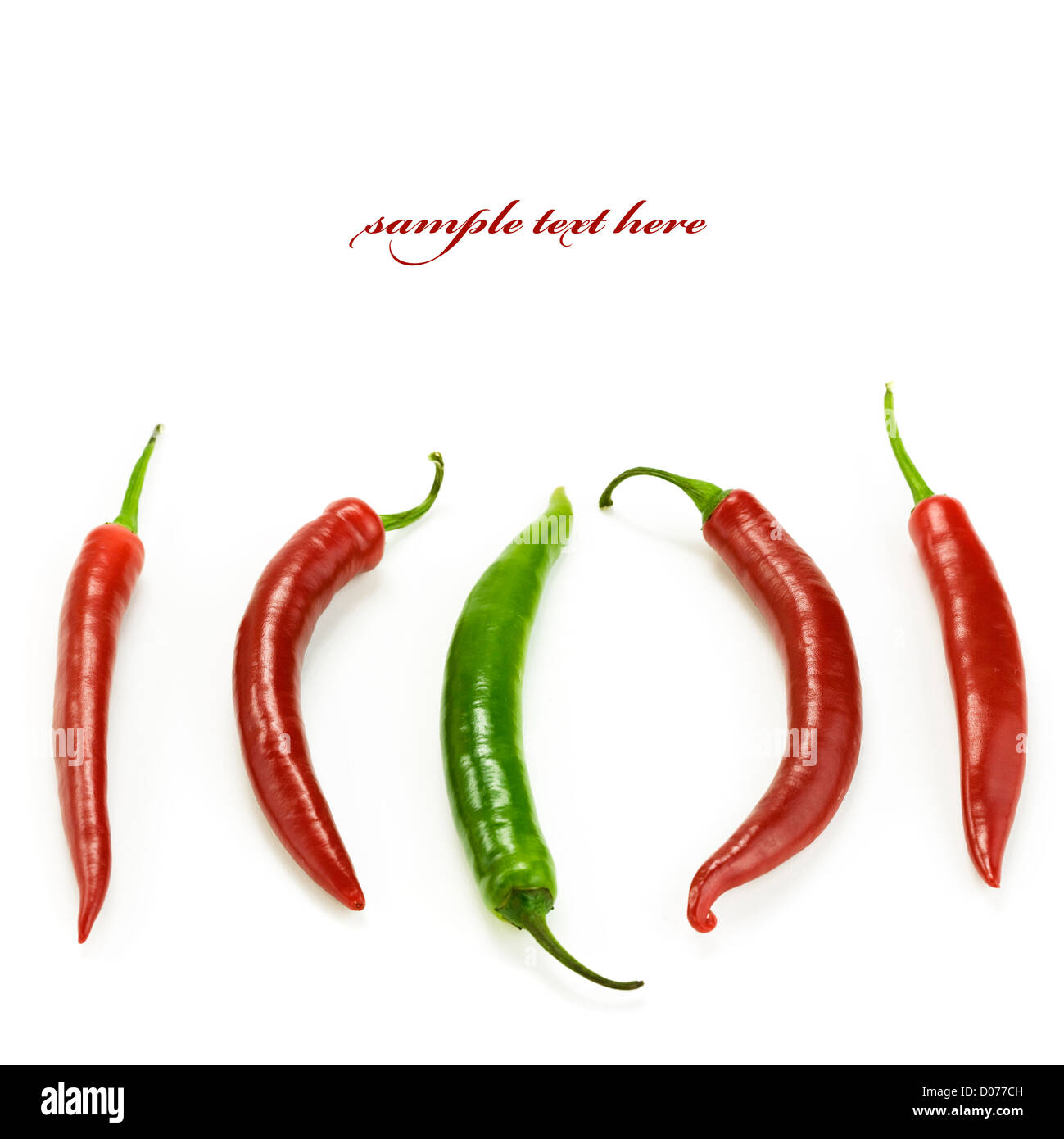 Hot Chili peppers mit einem stehen, als verschieden von der Masse ab. Mit Beispieltext Stockfoto