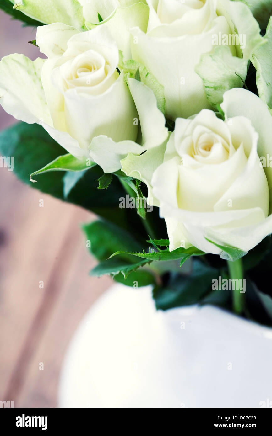 Bouquet von weißen Rosen in Vase auf Tisch Stockfoto