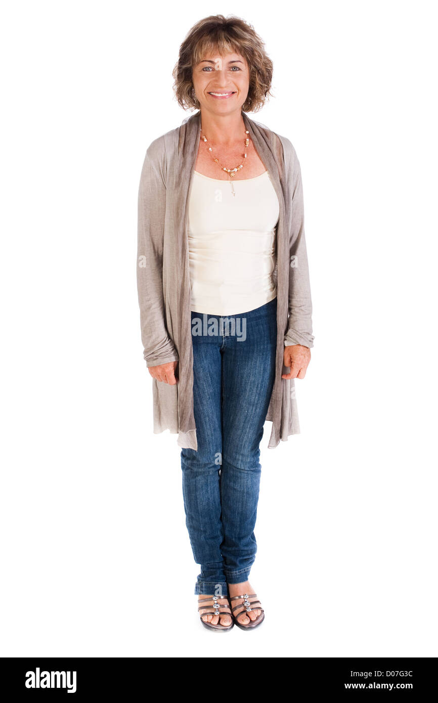 Lächelt glücklich Seniorin isoliert auf weißem Hintergrund. Stockfoto