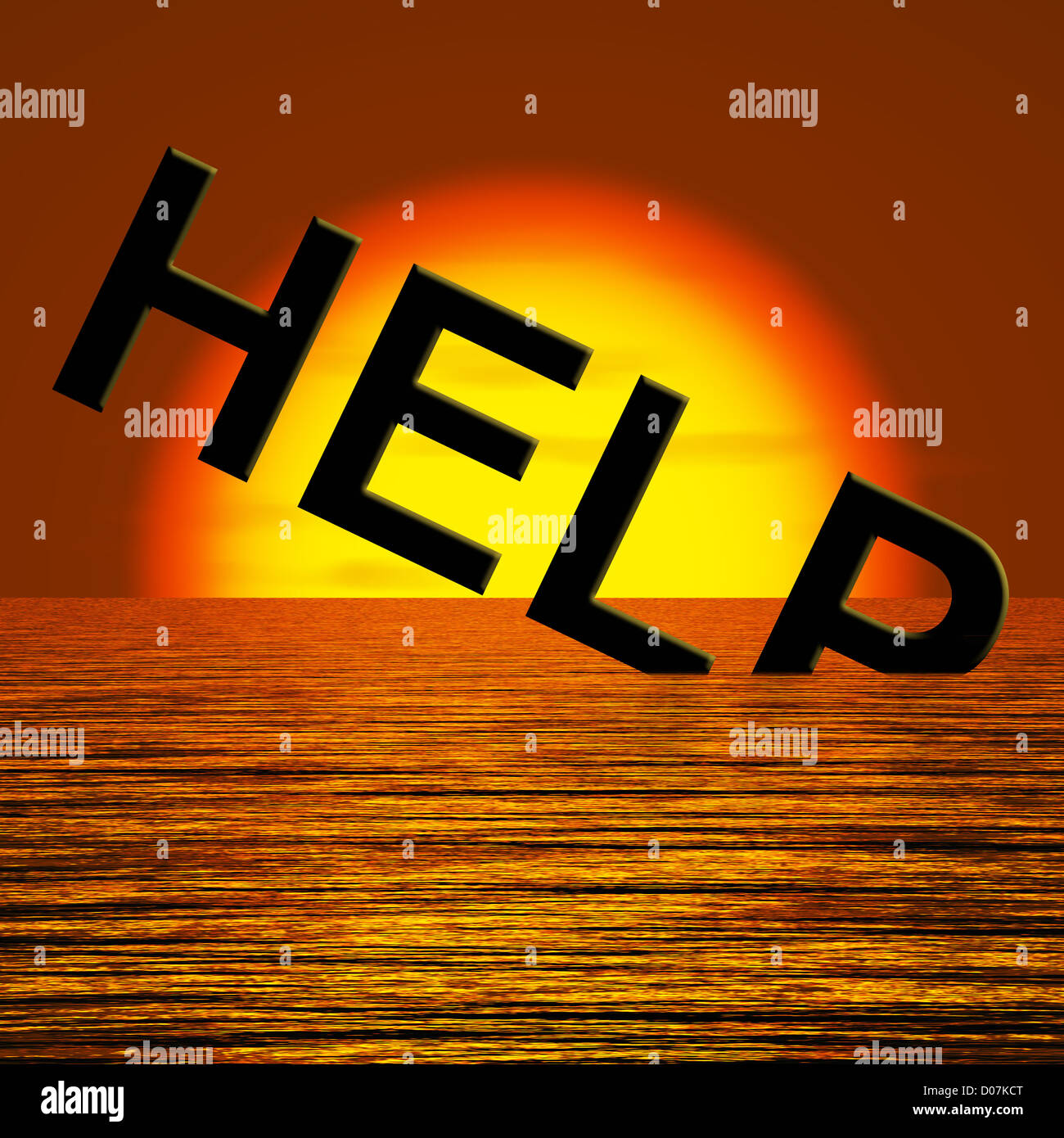 Helfen Sie, Wort versinkt im Meer als Symbol für die benötigte Unterstützung Stockfoto