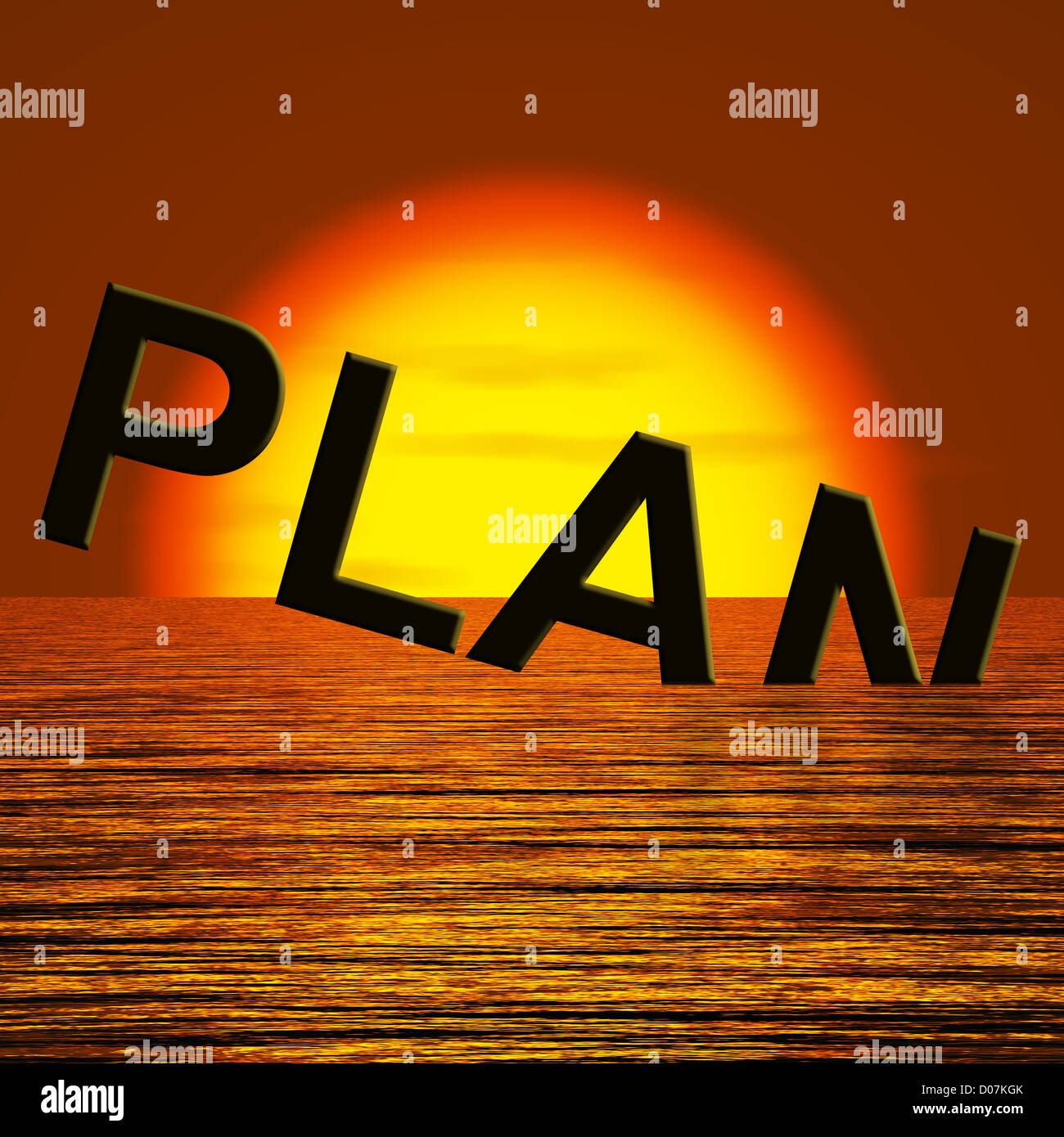 Plan-Wort versinkt im Meer als Symbol wegen Nichtumsetzung der Ziele Stockfoto