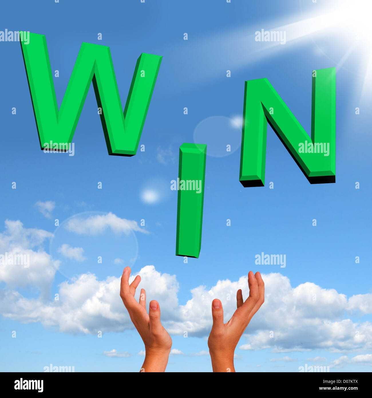 Fang von Win Word auf Tisch aus Erfolg und Siege Stockfoto