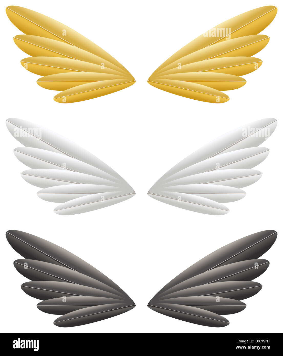 Gold, weiße und schwarze Flügel isoliert auf weißem Hintergrund. Stockfoto