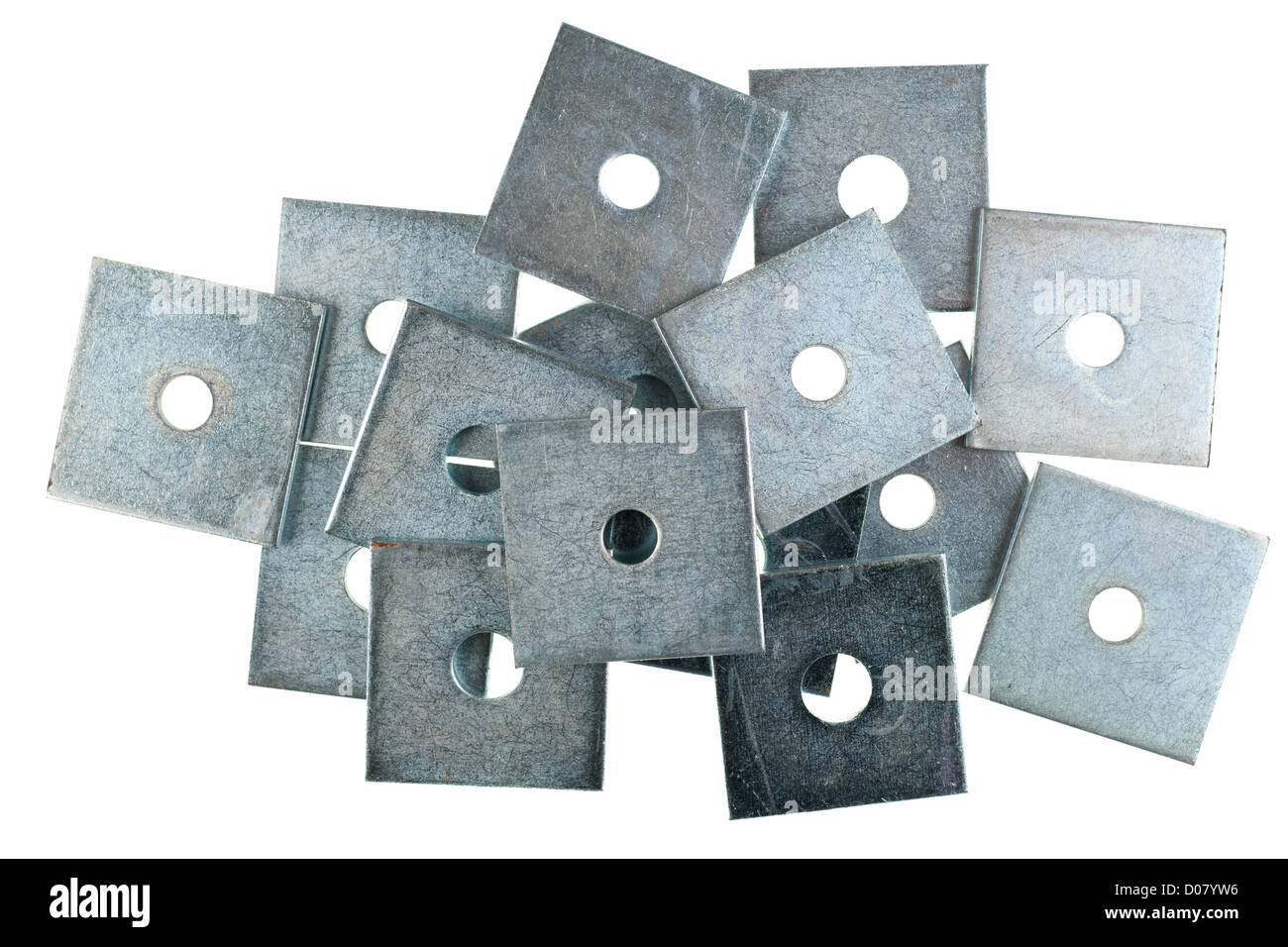 Haufen von quadratischen M10 und M12 50mm x 50mm Zink vernickelt Platte Unterlegscheiben Stockfoto