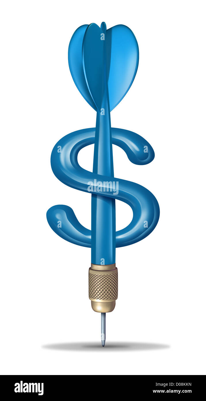 Finanzielle Zielplanung und Fokus auf Business Anlagestrategie Ziele mit einem blauen Pfeil in der Form eines Dollar-Geld-Symbols auf einem weißen Hintergrund. Stockfoto