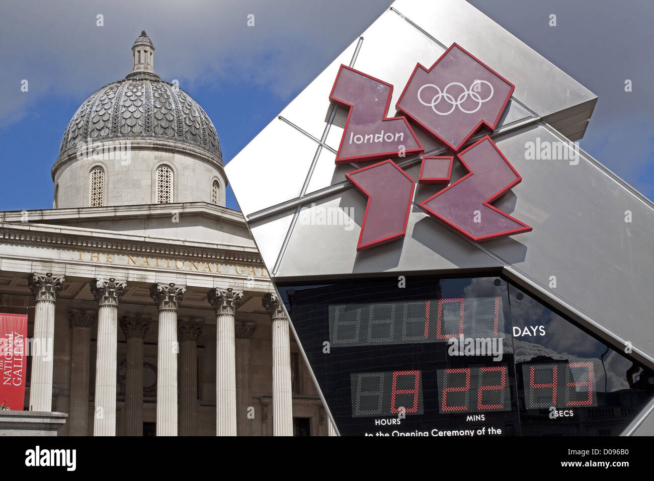 COUNTDOWN ZEIGT VERBLEIBENDE ZEIT VOR ERÖFFNUNG OLYMPISCHE SPIELE 2012 IN LONDON TRAFALGAR SQUARE NATIONAL GALLERY LONDON ENGLAND Stockfoto