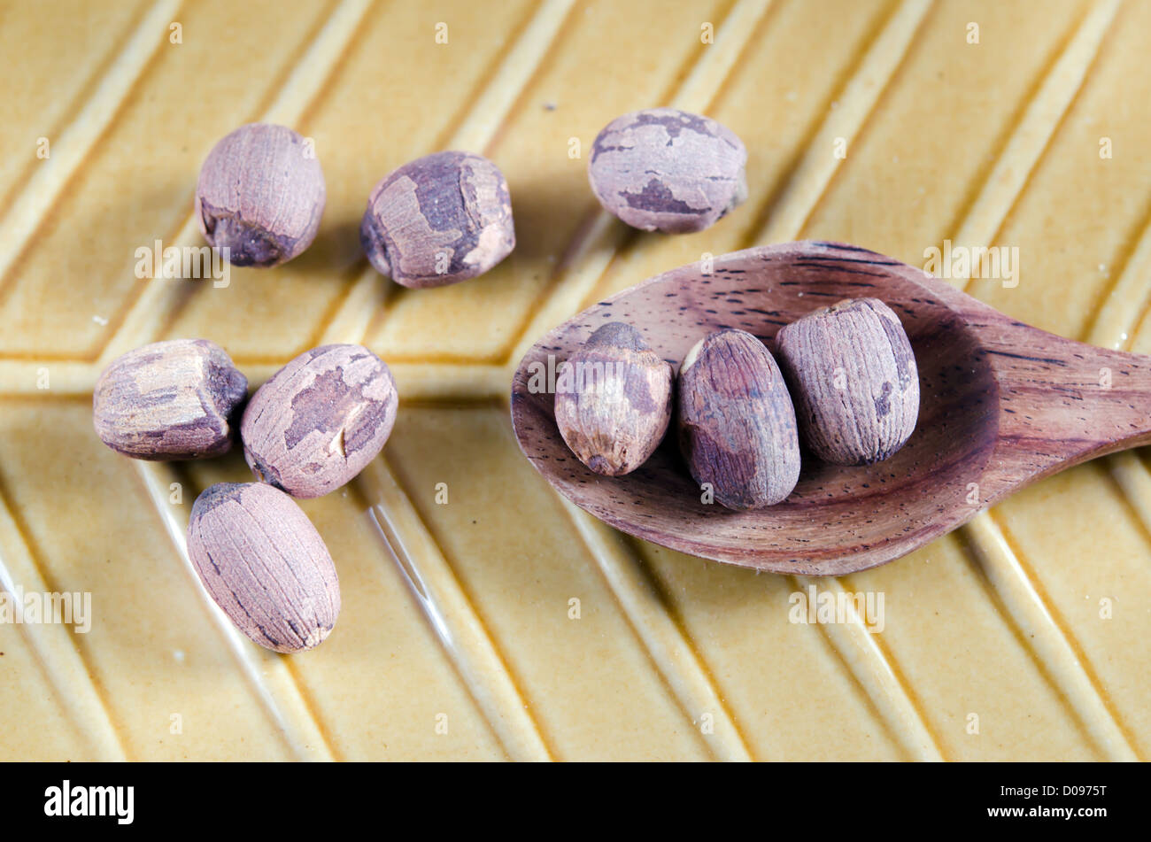 roter Lotus Samen mit Holzlöffel Stockfoto