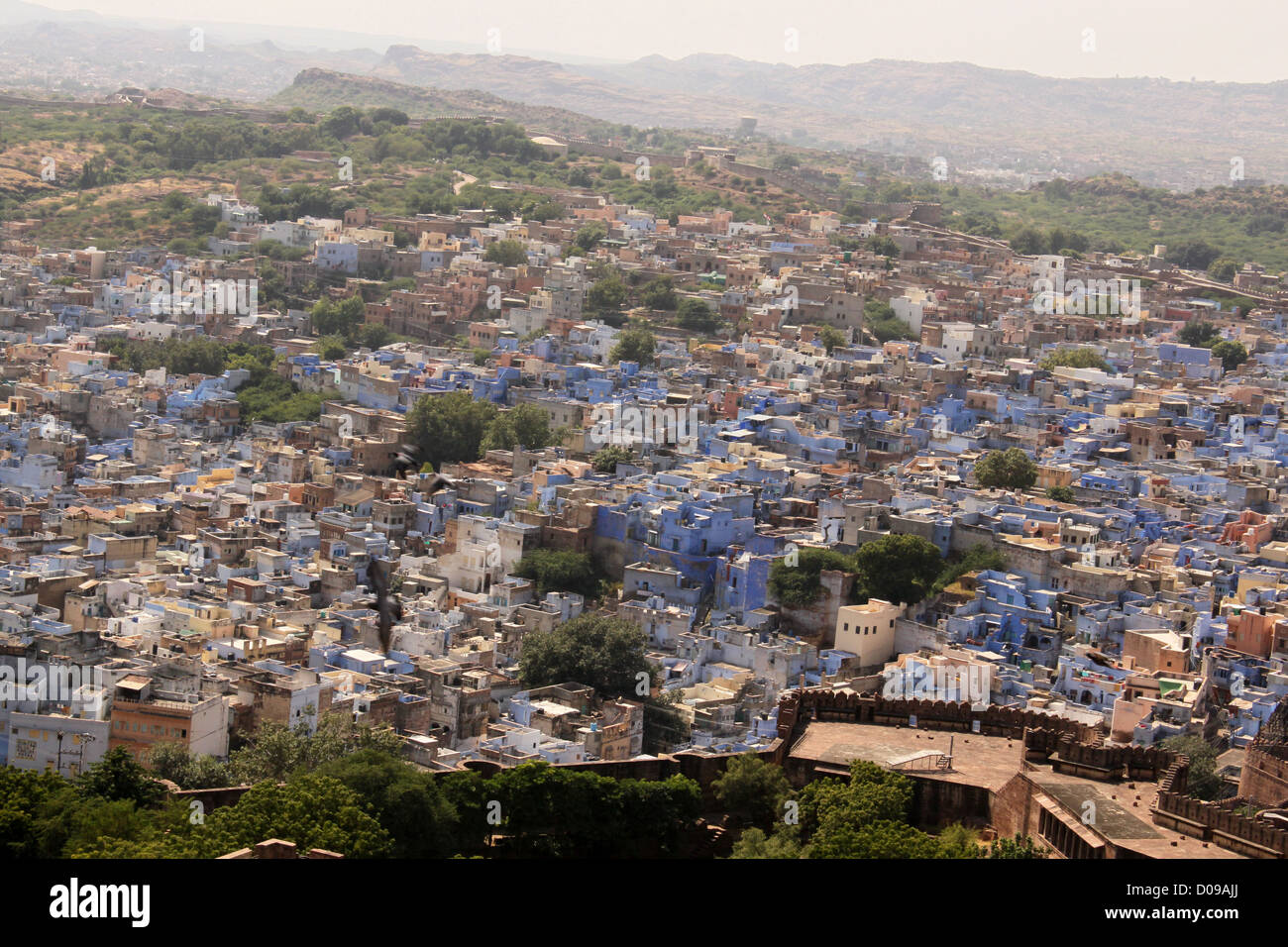 Blick über Häuser in die blaue Stadt Jodhpur, Rajasthan, Indien Stockfoto