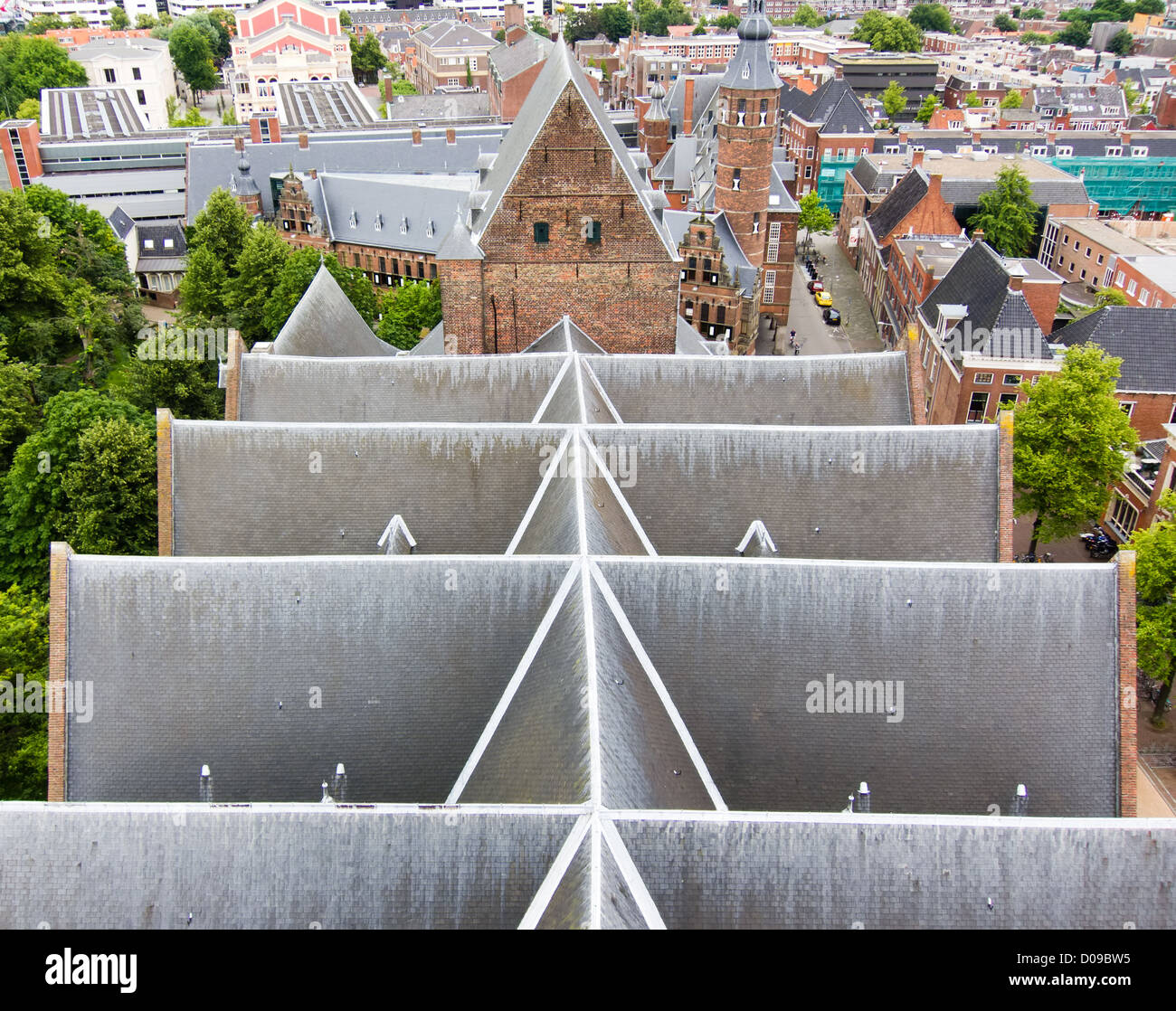 Draufsicht auf das Schieferdach einer Kirche: Martinikerk, Groningen, Niederlande Stockfoto