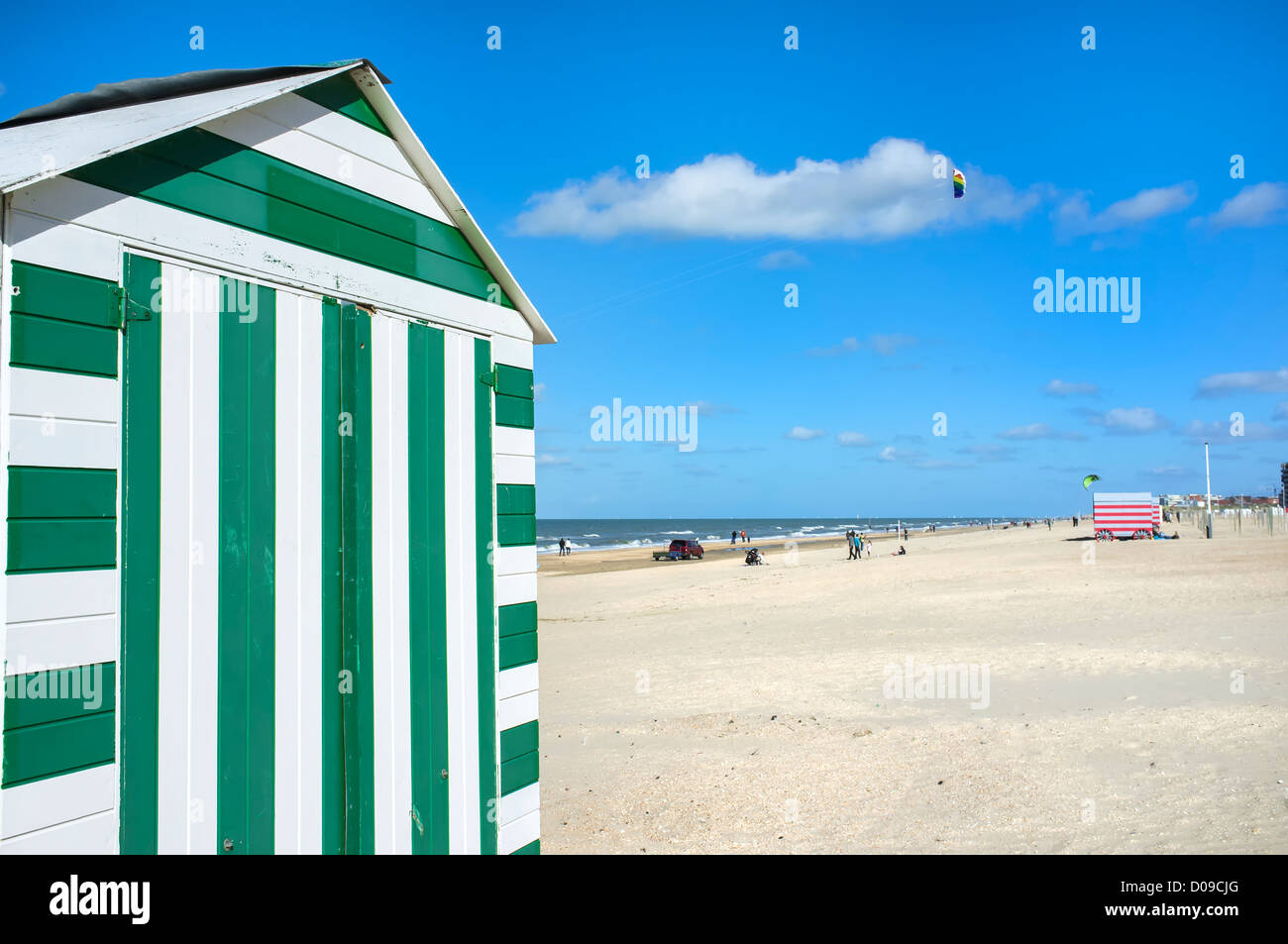 Strandhütten, La Panne Beach, West-Flandern, Belgien Stockfoto