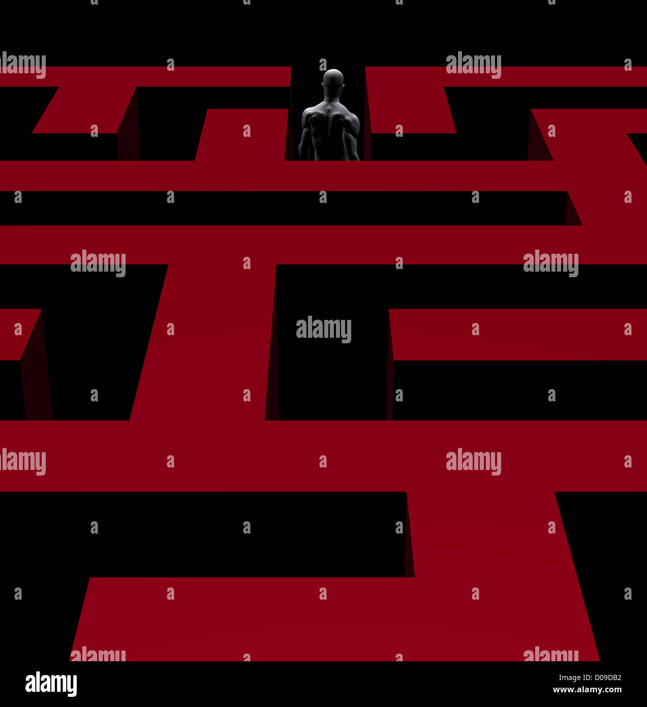 Mann findet eine Lösung für komplexe Labyrinth zu verlassen. 3D konzeptionelle Darstellung. Stockfoto