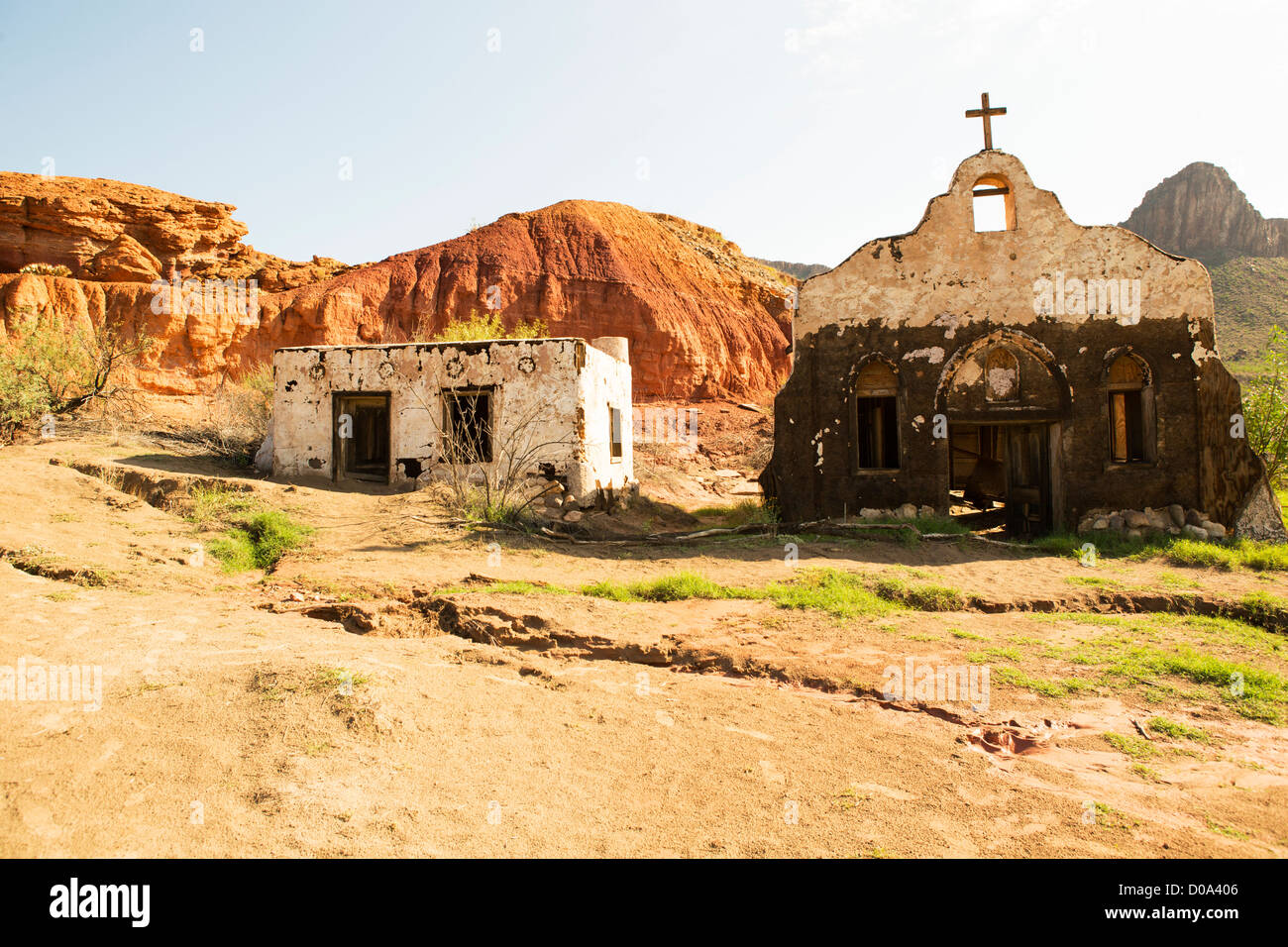 Strukturen am Filmset Contrabando Creek in der Nähe von Lajitas, Texas Stockfoto