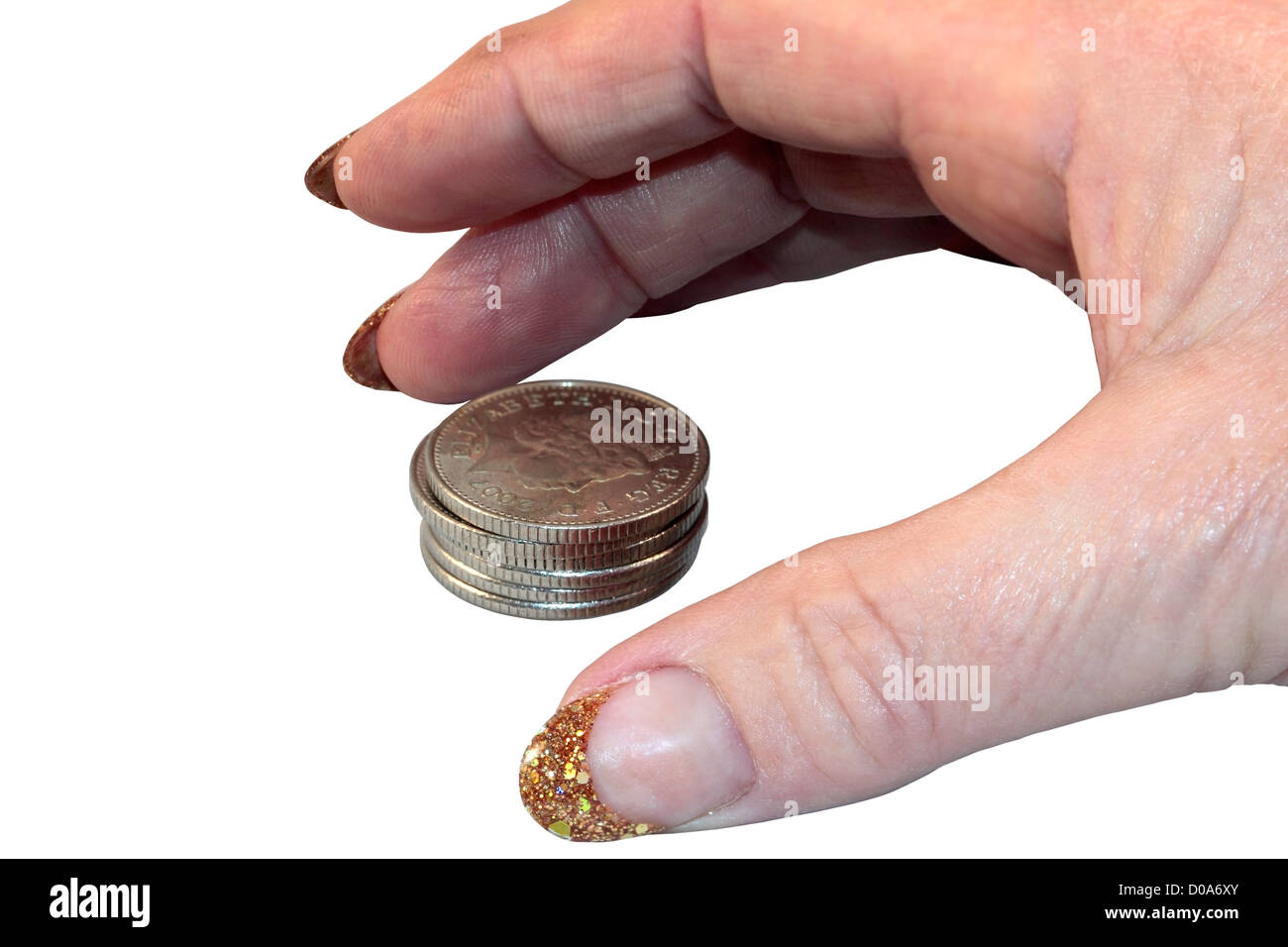 Hand gehen abholen Geld isoliert auf weißem Hintergrund Stockfoto