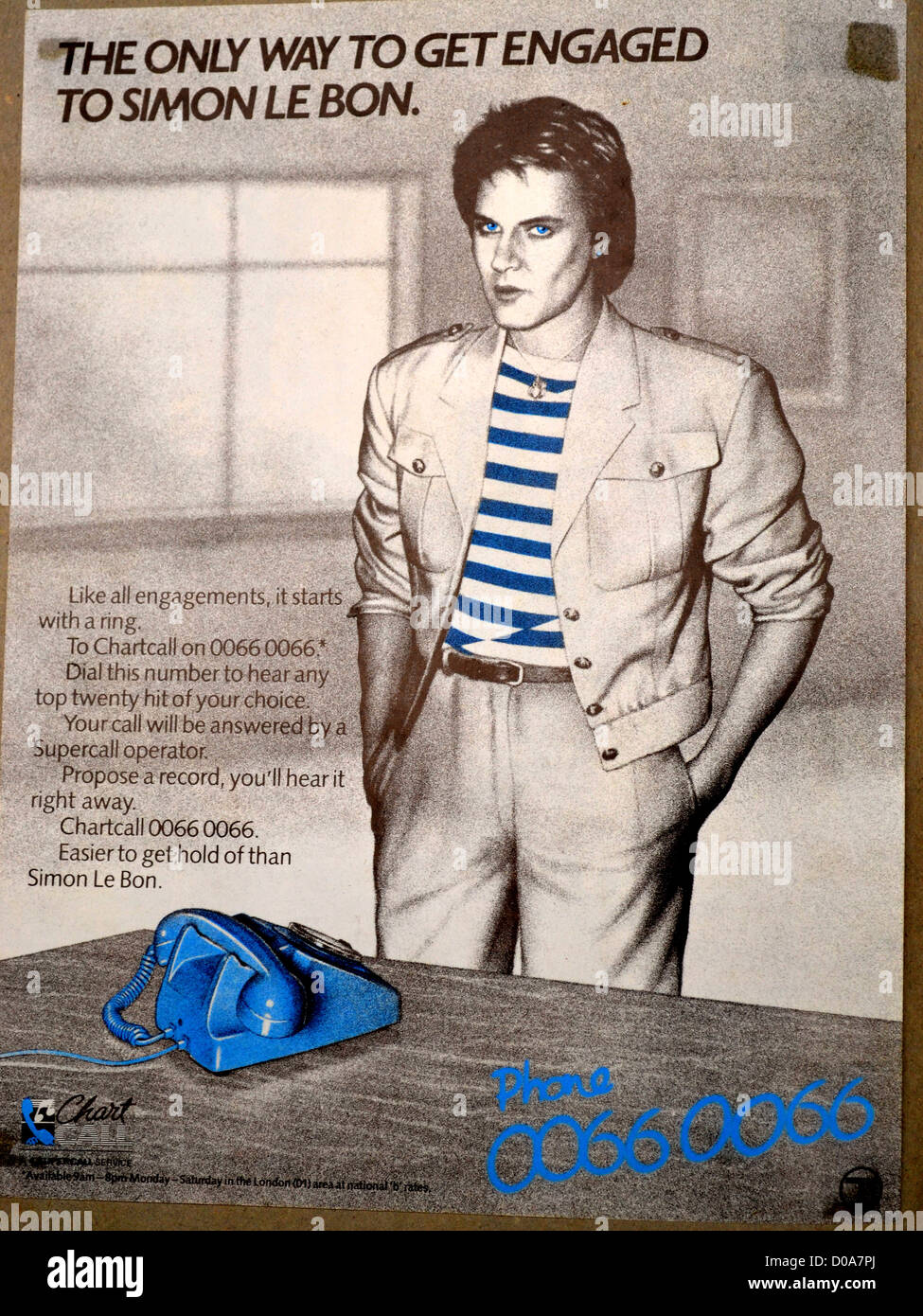 Eine Presse Anzeige für ChartCall aus den 1980er Jahren mit Simon Le Bon von Duran Duran Stockfoto