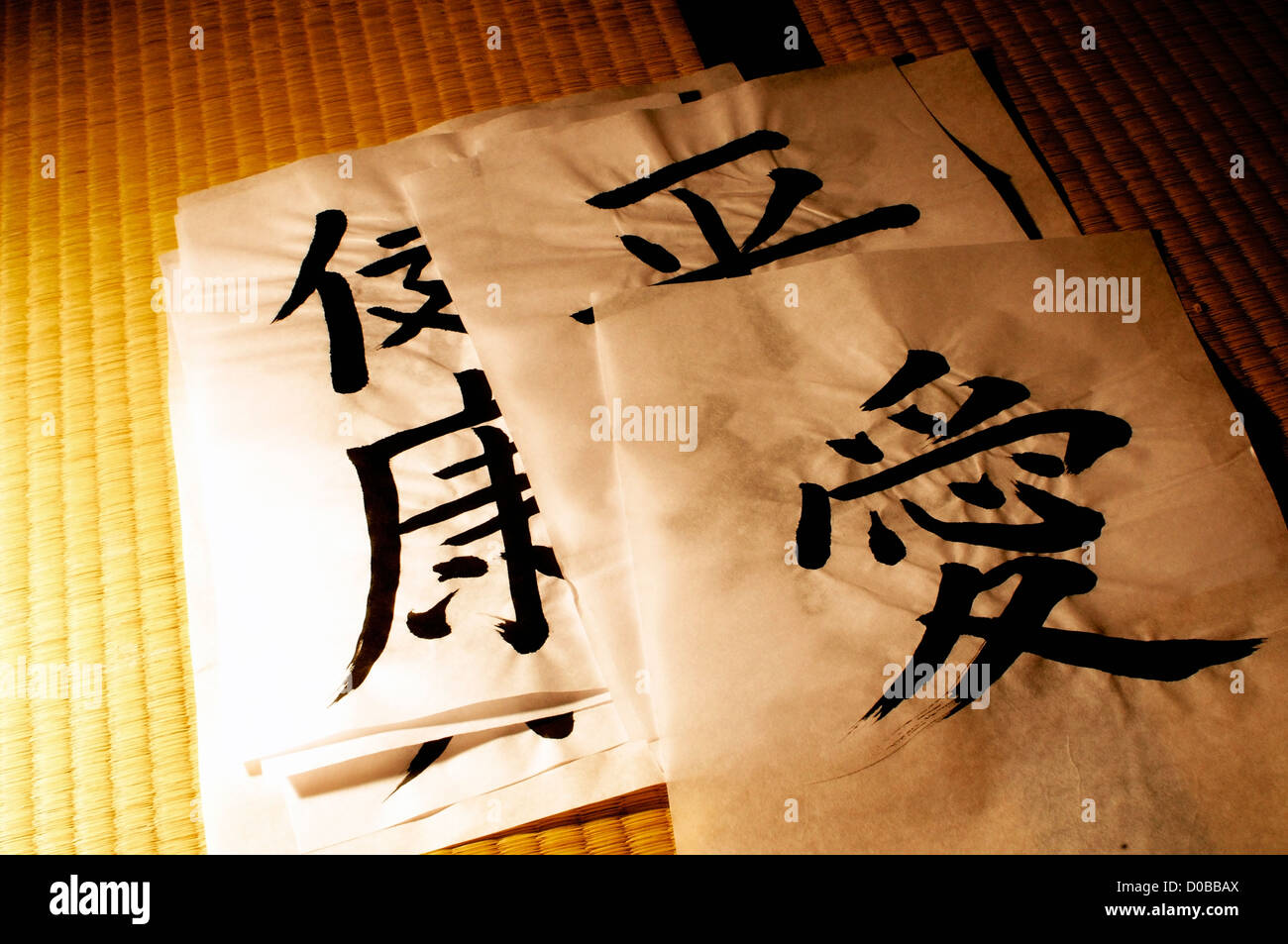 Japanische Wörter, geschrieben in künstlerische Kalligraphie auf einer Tatami Matte Stockfoto
