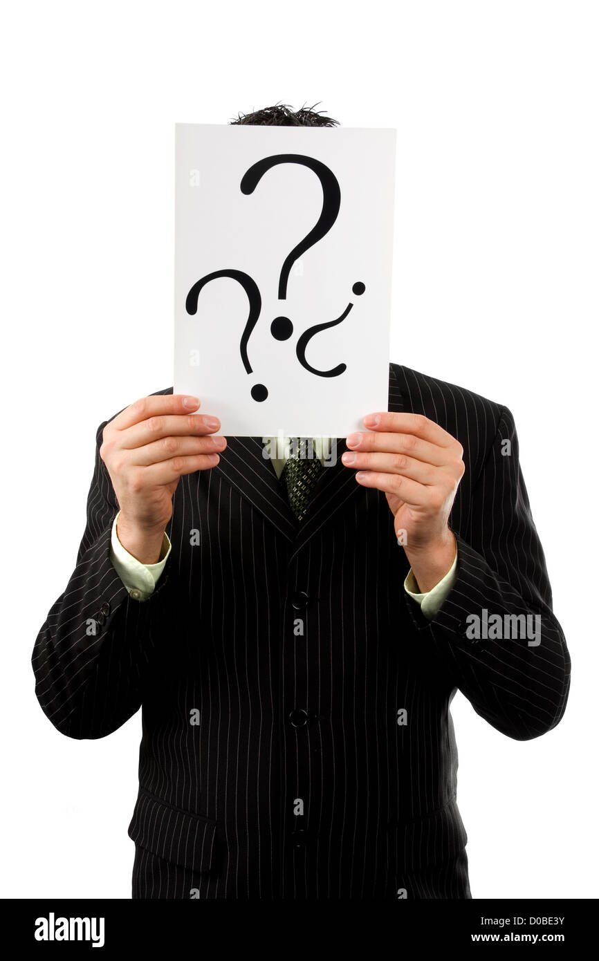 Geschäftsmann hält ein Frage Zeichen, isoliert auf weißem Hintergrund Stockfoto