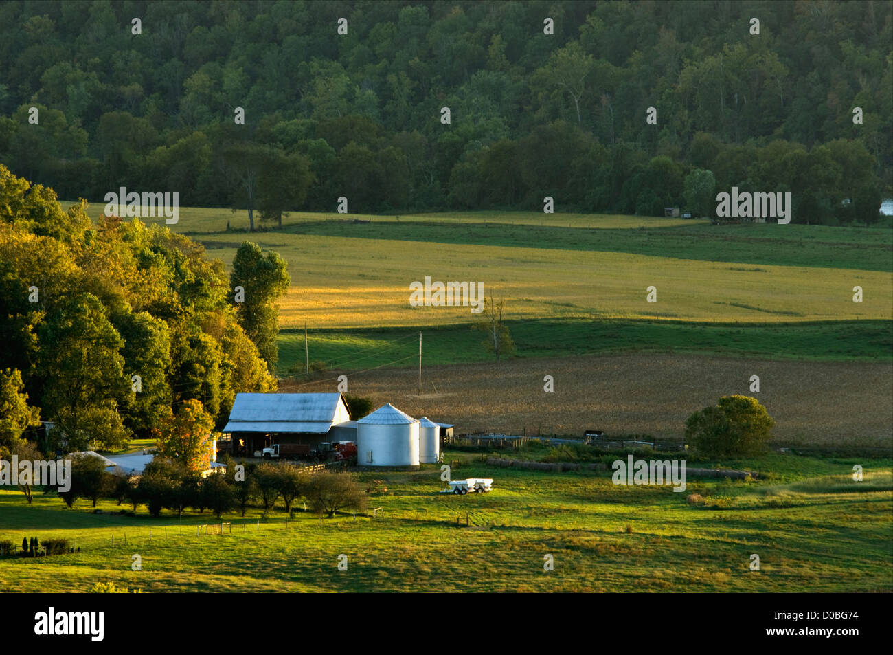 Abendlicht am Bauernhof am Ohio River im Meade County, Kentucky Stockfoto