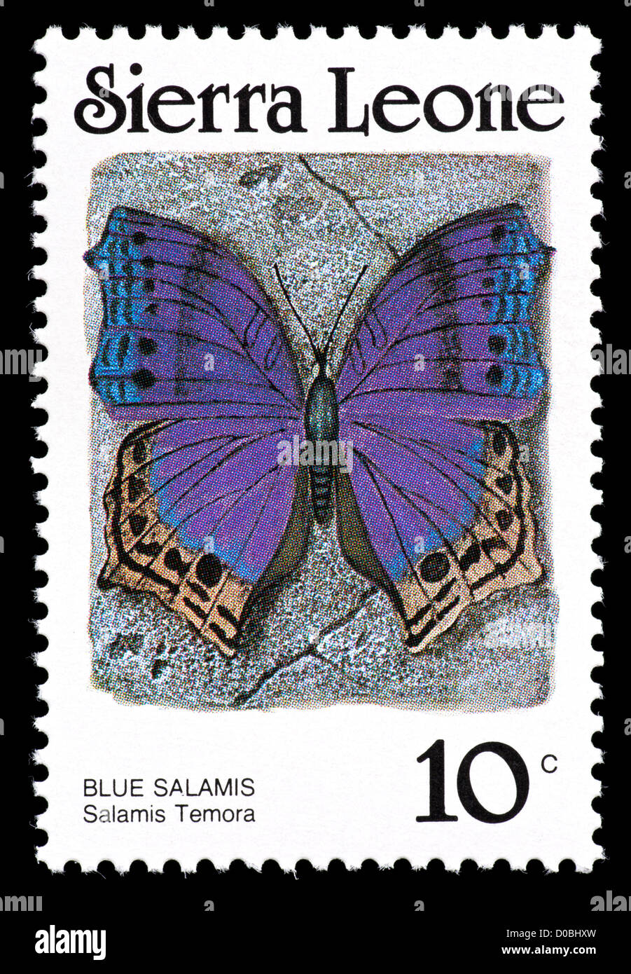 Briefmarke aus Sierra Leone zeigt einen blauen Salamis Schmetterling (Salamis Temora) Stockfoto