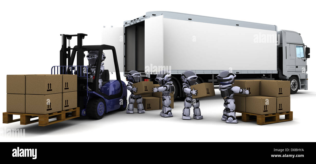 3D Render des Roboters mit einem Aufzug-LKW Stockfoto