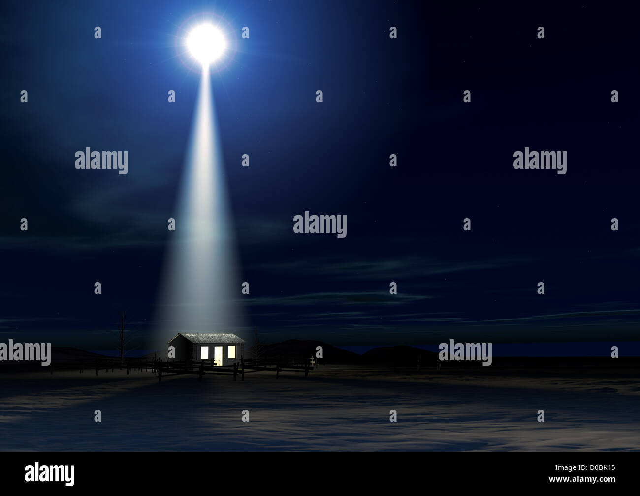 Eine Darstellung der Krippe von Christs Geburt in Bethlehem mit der isolierten heruntergekommen Stall wird von einem hellen Stern beleuchtet Stockfoto