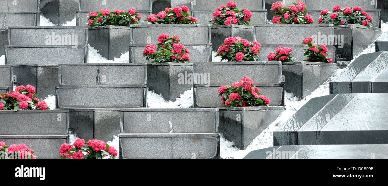 Fließendes Wasser und Blumen von der Bank of China building, Central, Hong Kong SAR, China Stockfoto