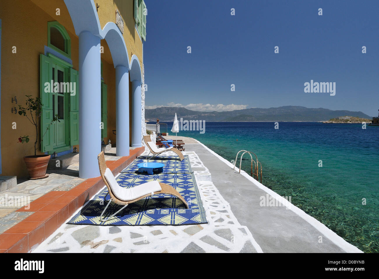 Kastellorizo. Dodekanes-Inseln. Griechenland. Hotel Mediterraneo. Stockfoto