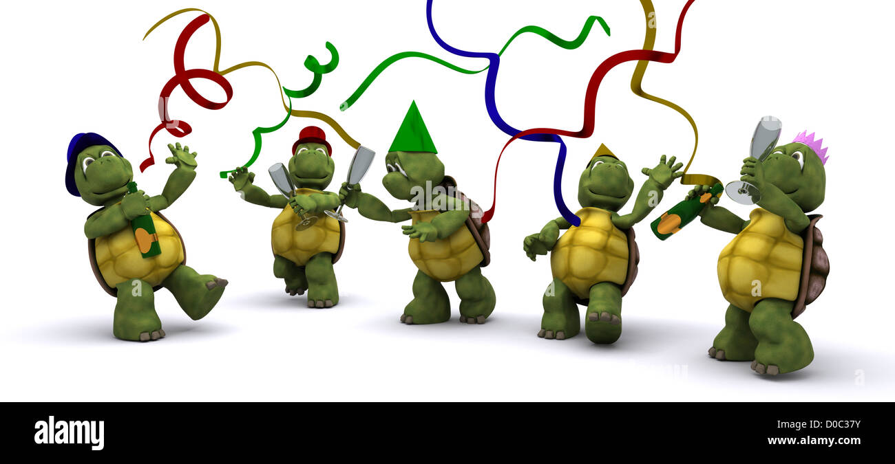 3D Rendern ein Schildkröten auf einer Party feiern Stockfoto