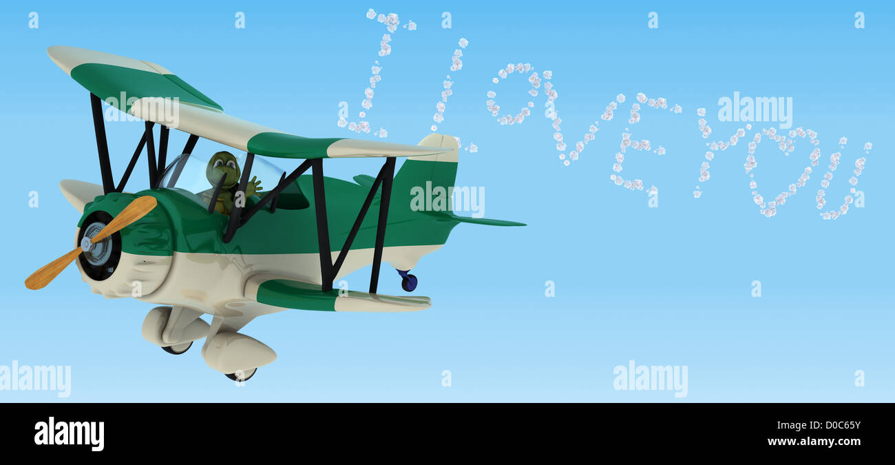 3D Render eine Schildkröte Skywriting in einer Bi-Ebene Stockfoto