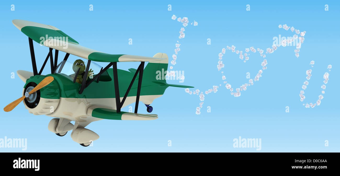 3D Render eine Schildkröte Skywriting in einer Bi-Ebene Stockfoto