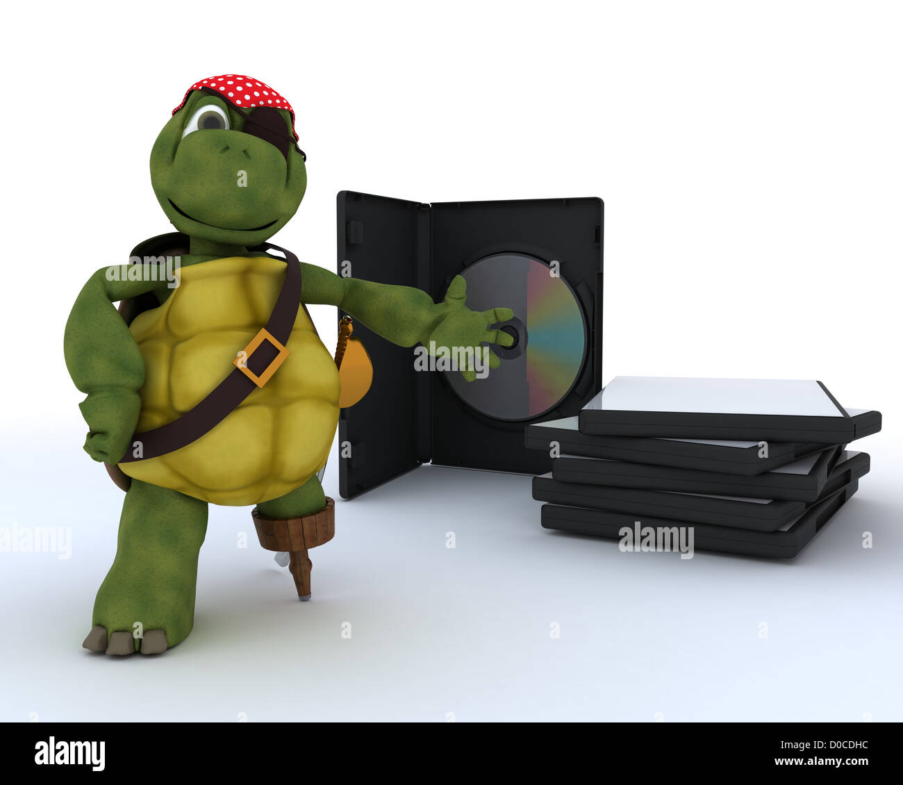 3D Rendern einer Piraten-Schildkröte mit DVD-CD und Software Stockfoto