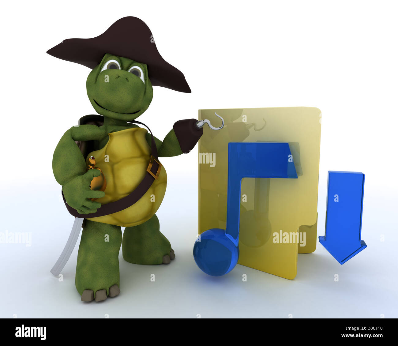 3D Rendering einer Piraten-Schildkröte Darstellung illegaler Musik-downloads Stockfoto