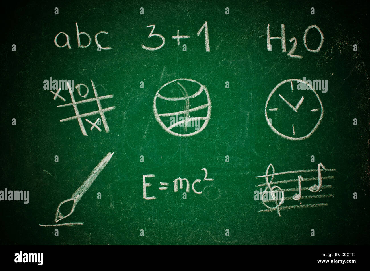 Verschiedene Symbole, die im Zusammenhang mit Schulfächern an eine grüne Tafel Stockfoto