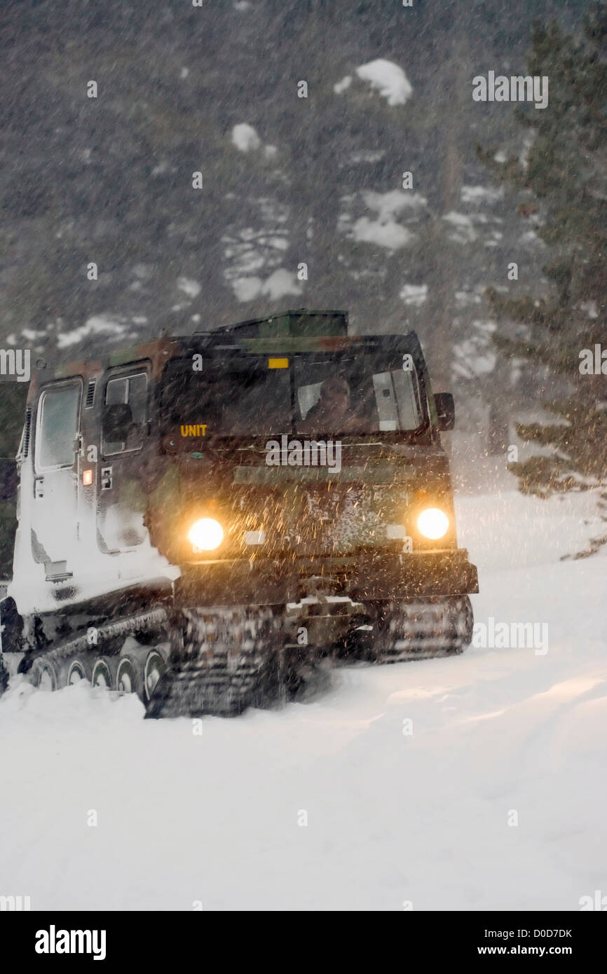 BV "Schnee Fahrzeug Manöver durch Kalifornien Sierra Nevada in einem Schneesturm Stockfoto