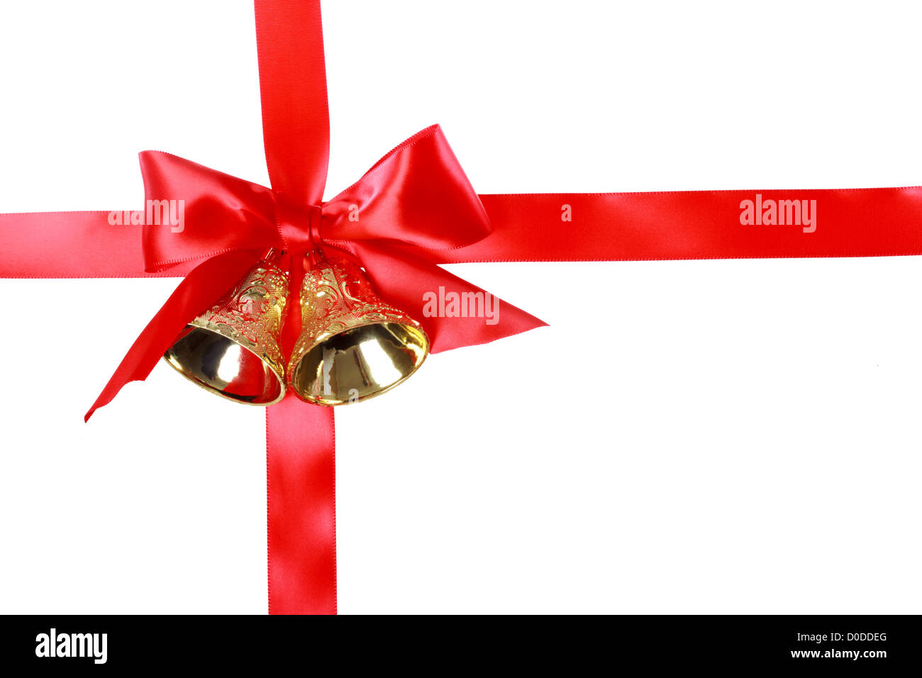 Rot Weihnachten Ribbon mit Glocken auf weißem Hintergrund Stockfoto