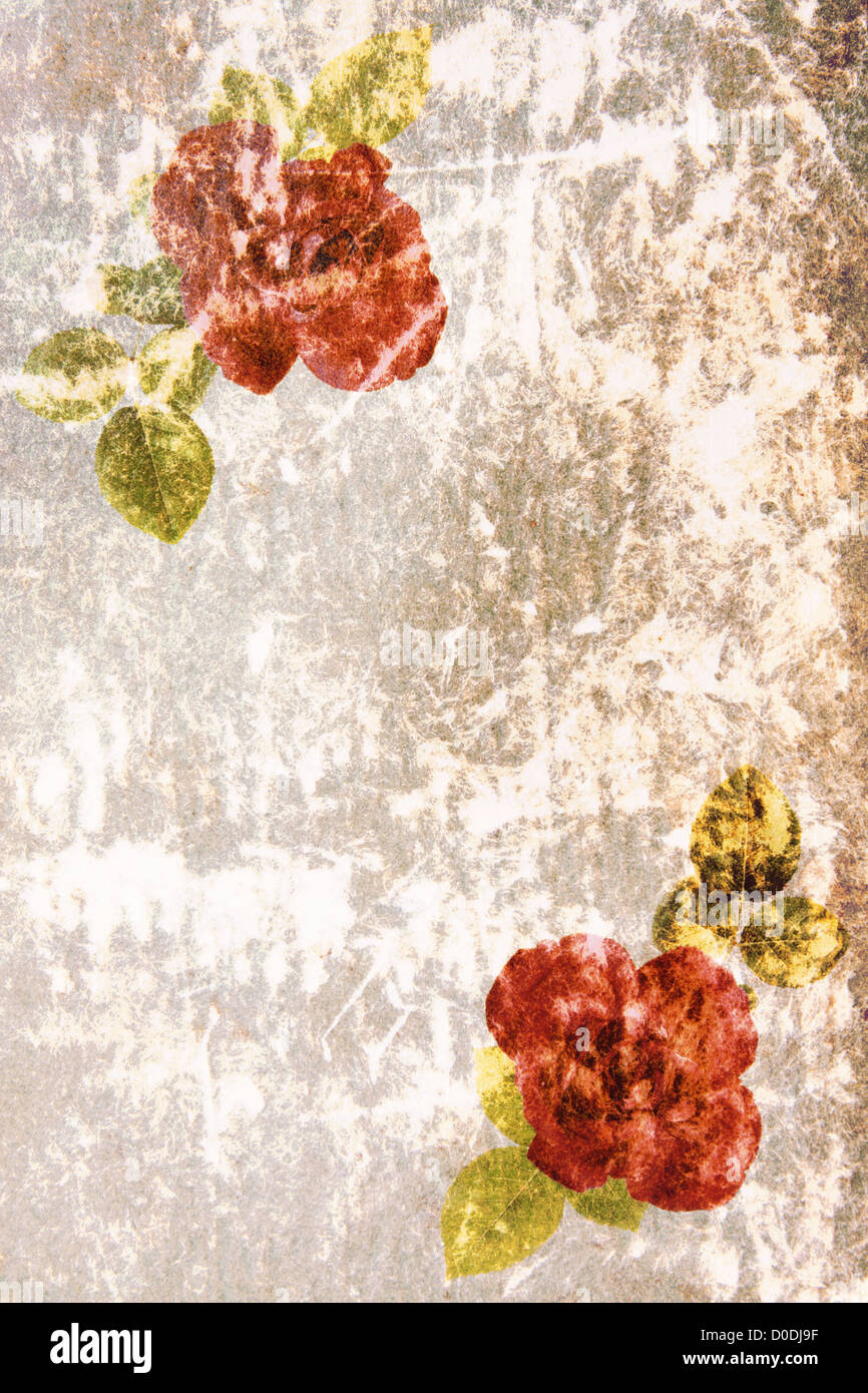 Grunge-Glückwunsch-Karte mit Blumen in der Größenordnung von Antiquitäten. Stockfoto