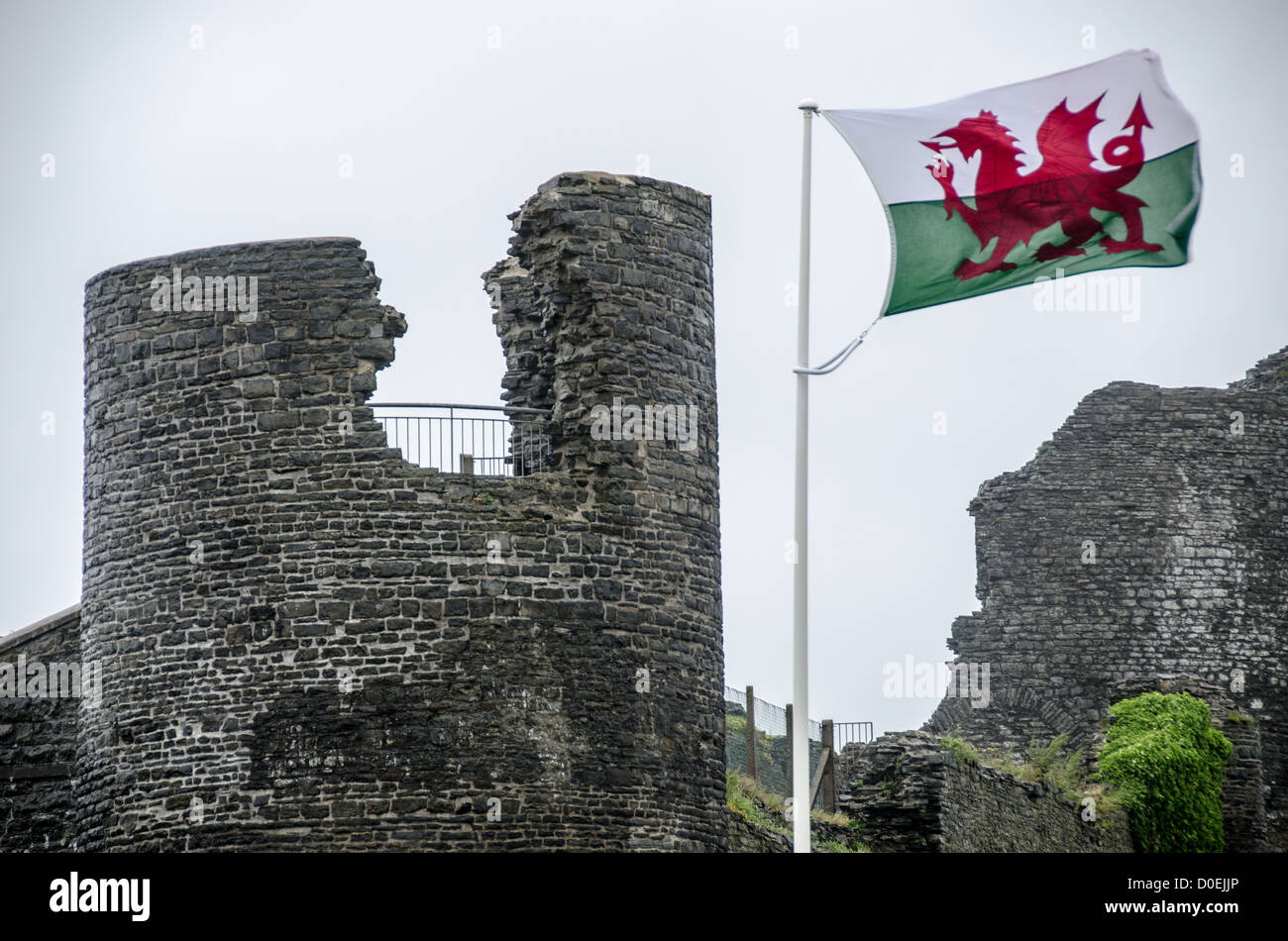 ABERYSTWYTH, Wales - Die walisische Flagge weht im Wind auf die Reste der Burg in Aberystwyth an der Westküste von Wales. Stockfoto