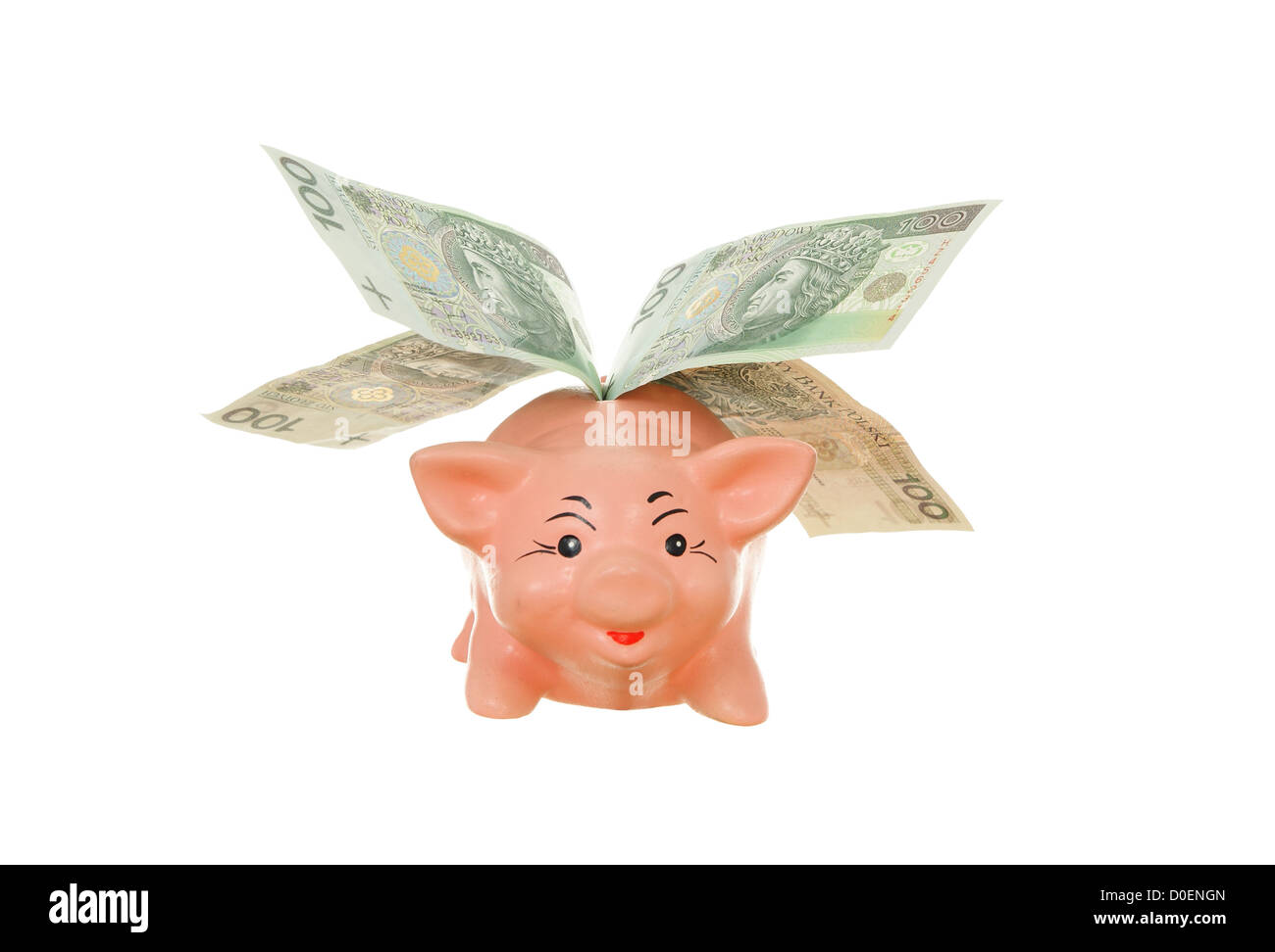 Spardose Schweinchen mit Geld zu fliegen, auf weißem Hintergrund Stockfoto