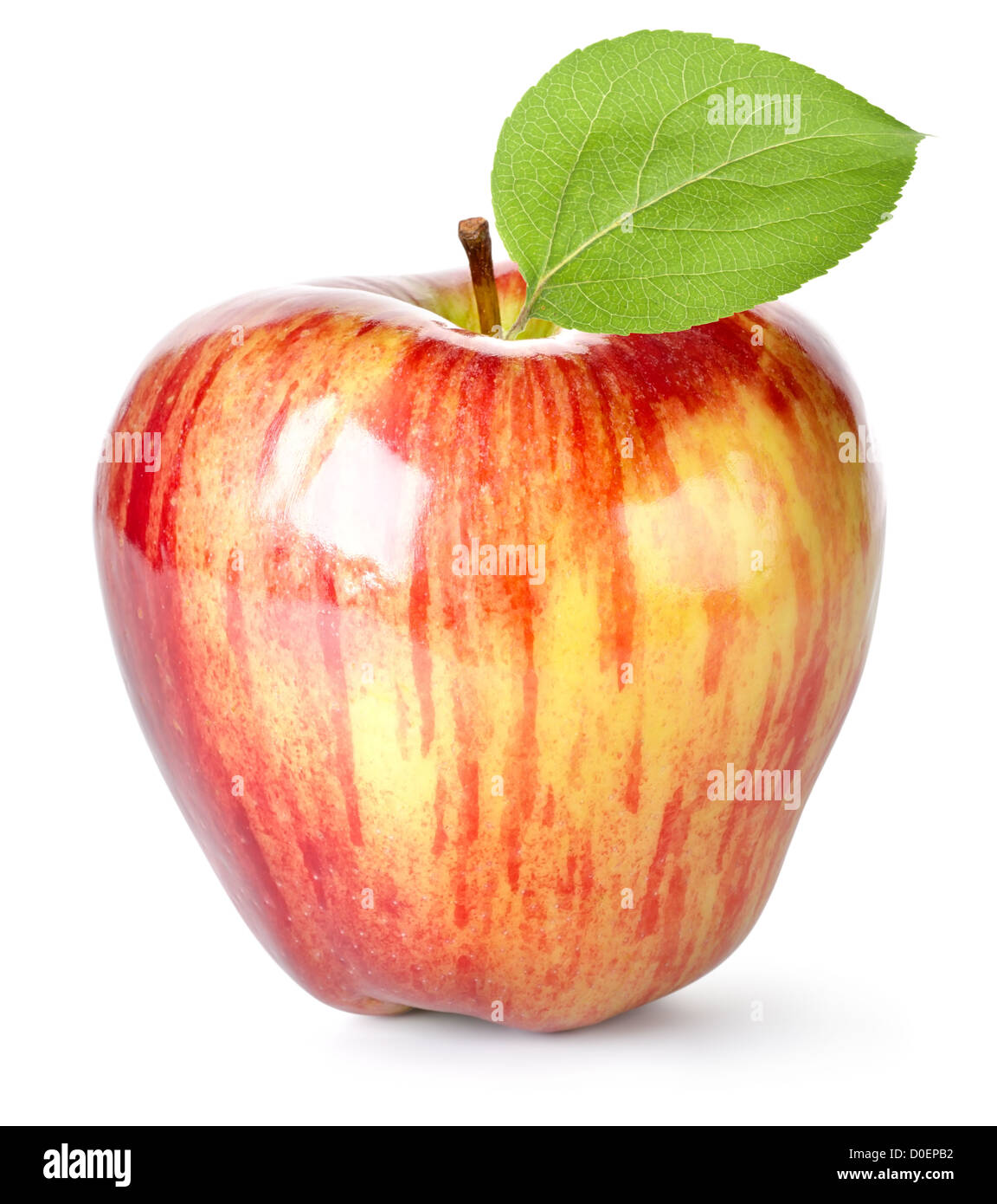 Roter Apfel und Blatt isoliert auf weißem Hintergrund Stockfoto